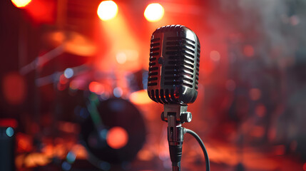 Vintage microphone on a stage with dramatic lighting, conveying a timeless musical ambiance


