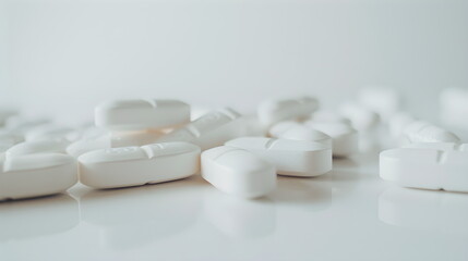 Many white pills close-up on a white background.