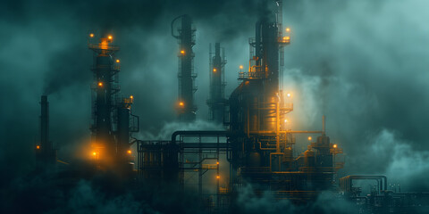 Obraz premium Night factory concept poster background. Night plant with pipes and towers with lights. Oil refineries and the petroleum industry. Heavy industry. Raster digital illustration photo style. AI artwork.