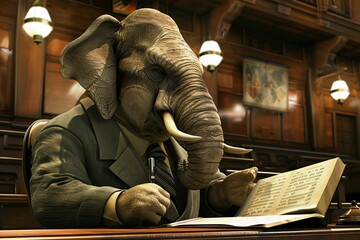 Elephant lawyer in a courtroom an imposing figure in a tailored suit presenting a case - obrazy, fototapety, plakaty