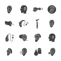 Hearing aid glyph icon set. Hearing problem sign. Vector collection with ear, symbol of deafness, hearing aid, otoscope.