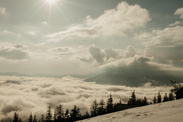Snowy Veil with Clouds   "Mystical Peaks: Dragobrat Mountains in Snowy Veil"  clouds and mountains