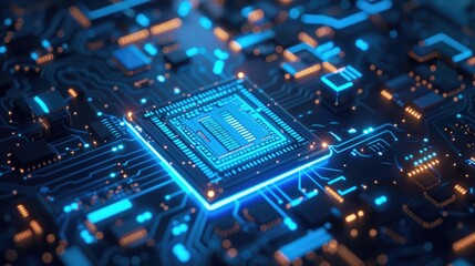 Macro shot of a microprocessor for artificial intelligence, highlighted with neon blue lights against a dark, abstract background - obrazy, fototapety, plakaty