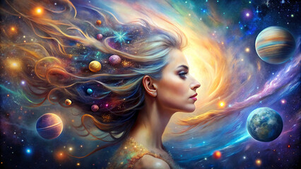 A profile of a woman blends seamlessly with a vibrant cosmic scene where her hair spills into a galaxy of stars and planets.The colours are vibrant and saturated,creating a sense of ethereal beauty.AI