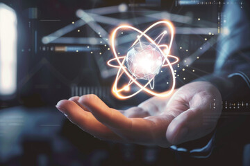 Hand holding a glowing hydrogen atom, Futuristic , Cyberpunk
