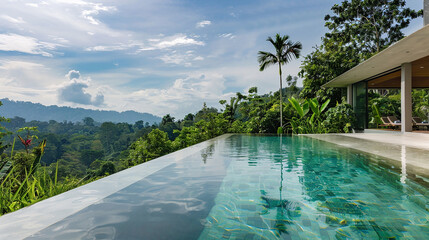 The pool's edge blurs into the surrounding landscape's lush greenery