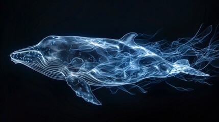 Gentle giant of the sea a whale gracefully navigating digital water currents illuminated by bioluminescent creatures