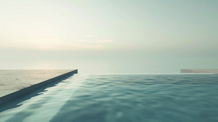 The pool's edge vanishes into the horizon's hazy shimmer - obrazy, fototapety, plakaty