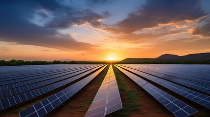 Vast solar farm at sunset, rows of photovoltaic panels capturing the last light of day, emphasizing renewable energy solutions in a rural setting - obrazy, fototapety, plakaty