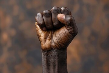 The hand of an African American with a fist raised to the top symbolizing freedom and equal rights. Emancipation and Freedom Day celebrating June 19