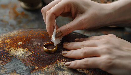 Woman polishing beautiful ring with napkin on grunge background, closeup