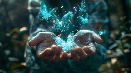 Hands releasing a glowing digital butterfly into a virtual reality forest symbolizing freedom and digital evolution