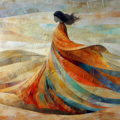 Elegant Woman in Flowing Multicolored Gown, Abstract Artistic Concept
