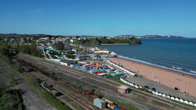 Goodrington Sands, South Devon, England: DRONE VIEWS: The drone gives an overhead view of a new pirate-themed flume ride. Torbay is a major attraction for both day tourists and holidaymakers.