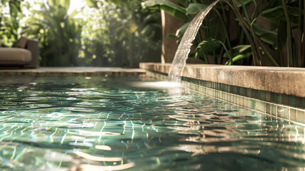 Water laps gently against the pool's tiled edge, a soothing rhythm