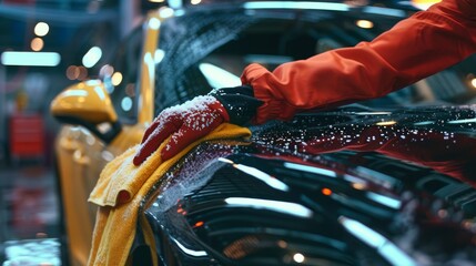 Worker in red gloves polishing a car - obrazy, fototapety, plakaty