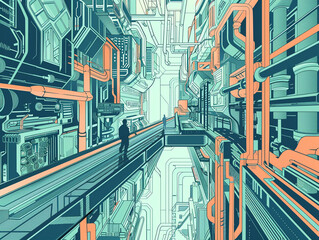 Experiment with varying line thickness to create depth and dimension, Futuristic , Cyberpunk - obrazy, fototapety, plakaty