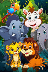 Obraz na płótnie Canvas Animals in the jungle surrounded by thick vegetation. Cartoons for children.