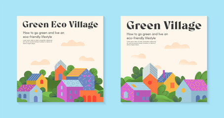Green eco village brochure concepts with houses,hills and trees.Web page design templates with countryside in the spring or summer.Vector layouts for real estate website,prints,flyers,banners