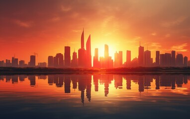 Fototapeta na wymiar Dramatic Cityscape Sunset Reflection