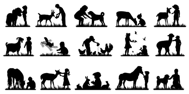 Children and pets silhouettes on white background. Little girls and boys play and feed domestic animals. Vector illustration.