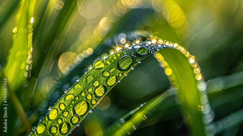 Poster a macro image of water droplets forming intricate patterns on a blade of grass, capturing the delica