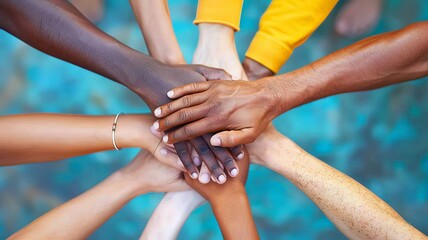 A group of people are holding hands in a circle - 790957422