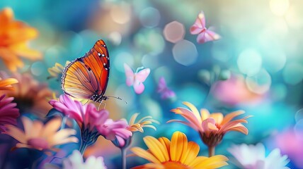 A butterfly is flying over a field of flowers - 790957427