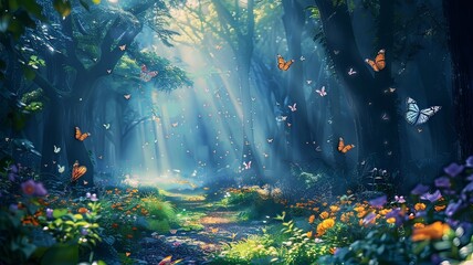 A forest with butterflies flying around and a path leading through it - 790957428