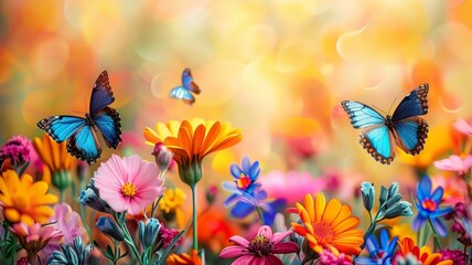 Two butterflies flying over a field of flowers