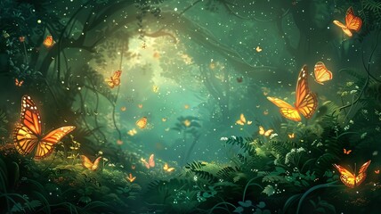 Fototapeta na wymiar A forest scene with many butterflies flying around