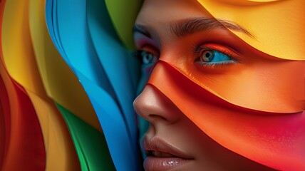 A woman's face is covered in colorful paper, creating a vibrant and playful look - 790957443