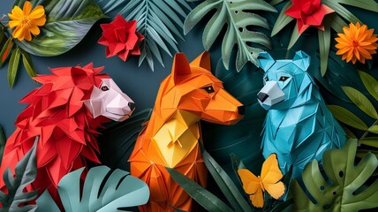 Three paper animals, a red lion, an orange fox, and a blue bear - 790957449