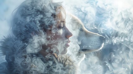 A woman and a dog are in a foggy, misty atmosphere - 790957450