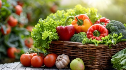 A basket full of fresh vegetables including tomatoes, broccoli, and peppers