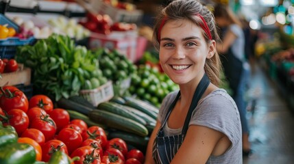 A woman is smiling at the camera in front of a vegetable stand - 790957465