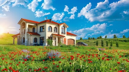 A large house with a red roof sits on a hillside next to a field of red flowers