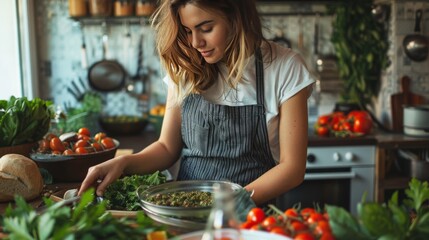 A woman is cooking in a kitchen with a lot of vegetables and herbs