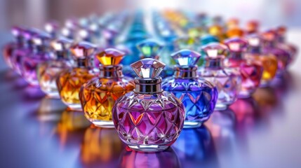 A row of colorful perfume bottles are lined up on a table