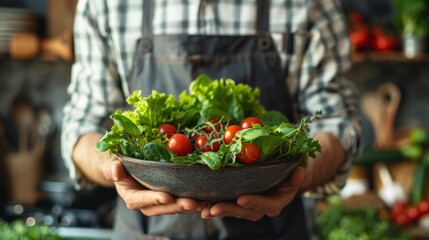 A man is holding a bowl of salad with tomatoes and lettuce