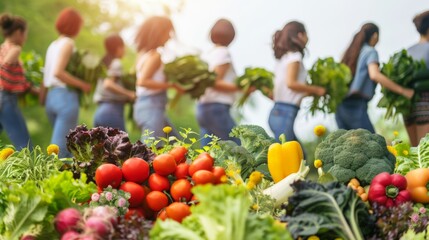 A group of women are walking through a field of vegetables, including broccoli - 790957480