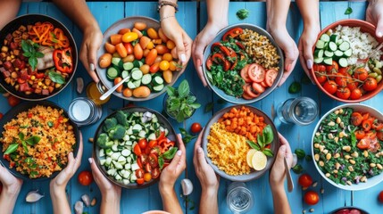A group of people are holding plates of food, including vegetables and fruits - 790957487