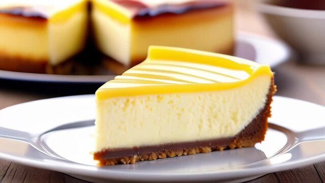 delicious slice of cheesecake on a white plate on a wooden table, 4k