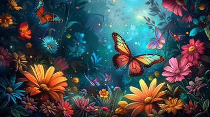 A colorful butterfly is flying over a field of flowers - 790957600