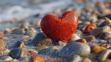 A heart is sitting on a pile of rocks on a beach