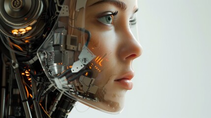 A woman's face is shown in a futuristic, robotic style