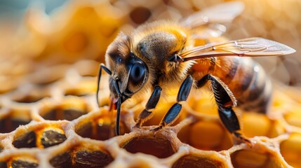 A bee is standing on a honeycomb