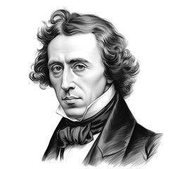 Black and white vintage engraving, close-up headshot portrait of Frédéric François Chopin, the famous historical Polish Romantic music composer and virtuoso pianist, white background, greyscale