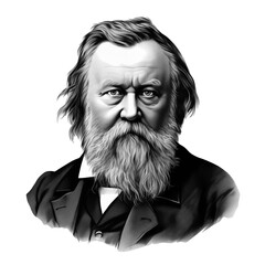 Black and white vintage engraving, close-up headshot portrait of Johannes Brahms, the famous historical German classical music composer, pianist, and conductor, white background, greyscale