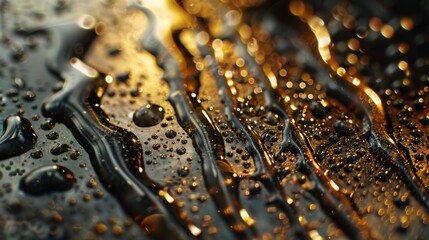 A macro shot capturing the intricate patterns formed by water droplets on a metal surface, revealing the beauty of surface tension and cohesion.